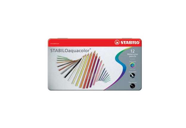 Immagine di Matite colorate acquarellabili Stabilo aquacolor® scatola in metallo assortiti Conf. 12 pezzi - 1612