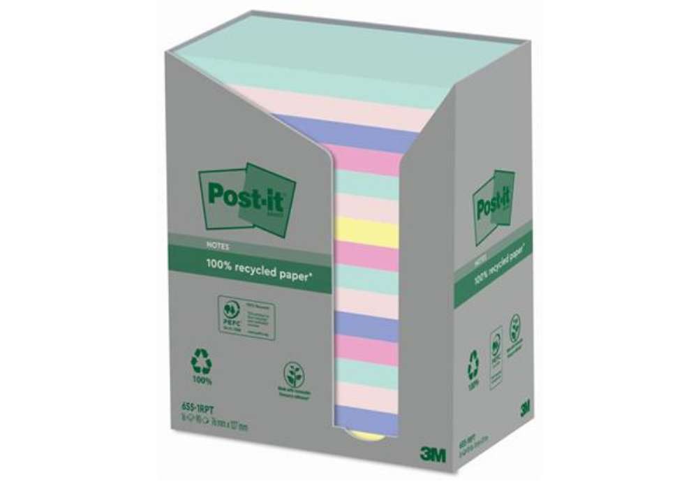 Immagine di Foglietti Post-it® Notes 76x127 mm carta riciclata assortiti conf. torre da 16 blocchetti da 100 ff