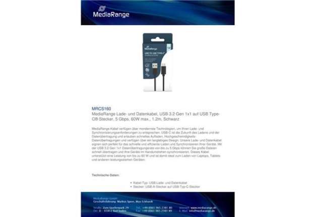 Immagine di Cavo di ricarica e sincronizzazione Media Range USB 3.1 C/USB 3.0 A 1,2m nero - MRCS160