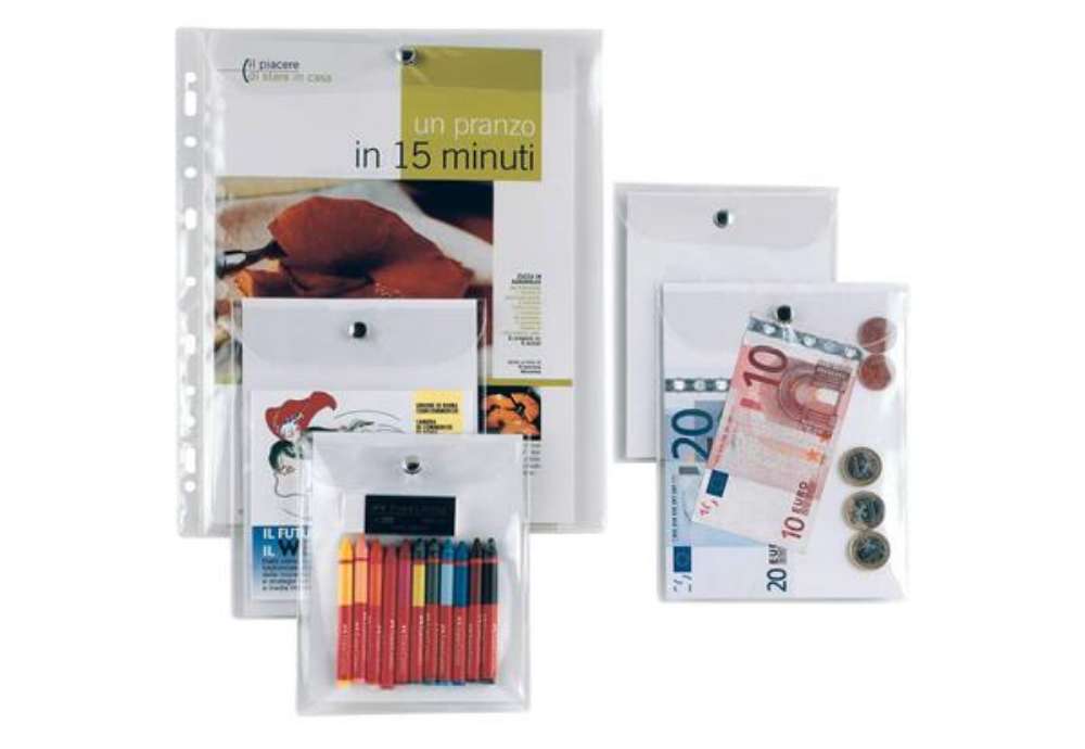 Immagine di Busta con bottone a foratura universale Sei Rota Press 8E/F alto spessore 22x30 cm trasparente - 442
