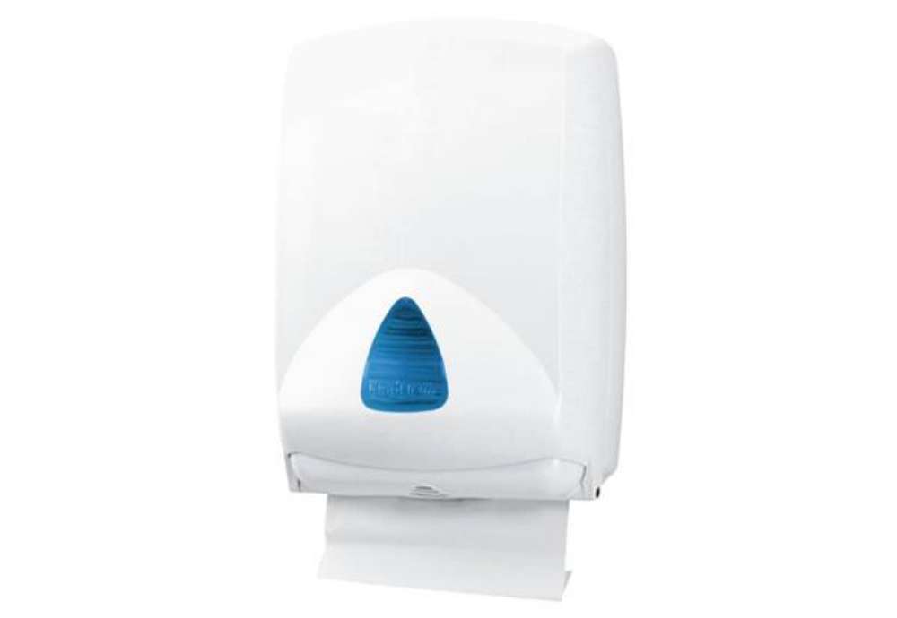Immagine di Distributore maxi di carta asciugamani Hylab in ABS - 500 ff bianco vetrino blu con accessori FAA re