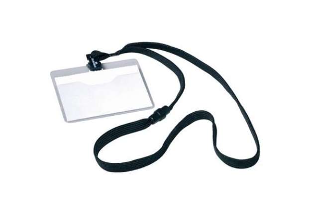 Immagine di Portanomi DURABLE tasca aperta con cordoncino trasparente/nero 60x90mm conf. 10 - 813901