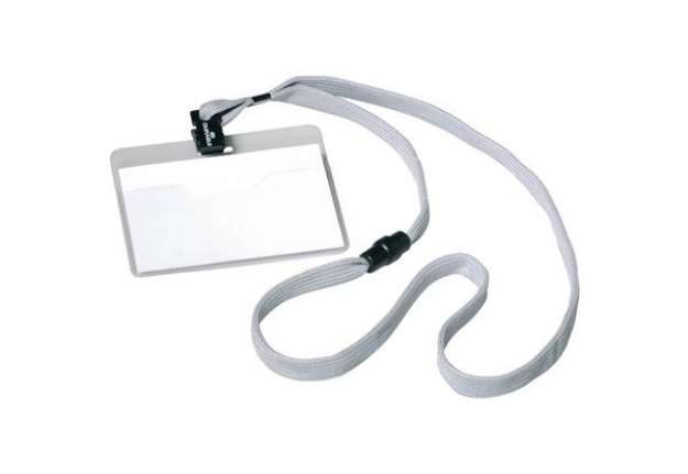 Immagine di Portanomi DURABLE tasca aperta con cordoncino trasparente/grigio inserto 60x90mm  conf. 10 - 813910