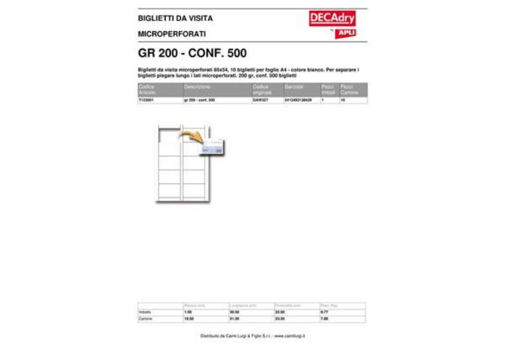 Immagine di Biglietti da visita Decadry microperforati 85x54 mm. Fogli A4 bianco Conf. 500 biglietti - T123001