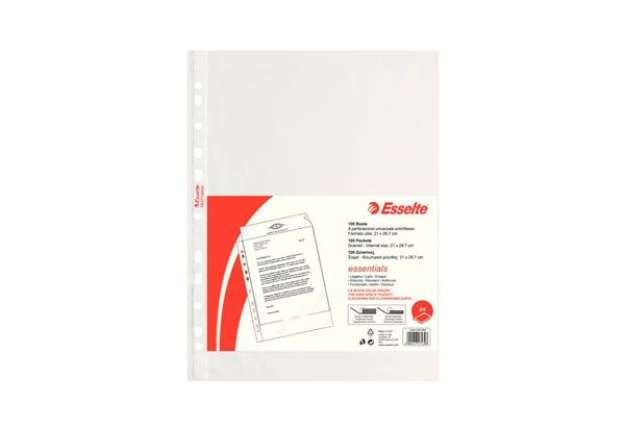 Immagine di Buste a perforazione universale goffrate Esselte ESSENTIALS PP antiriflesso trasparente A4  conf.100
