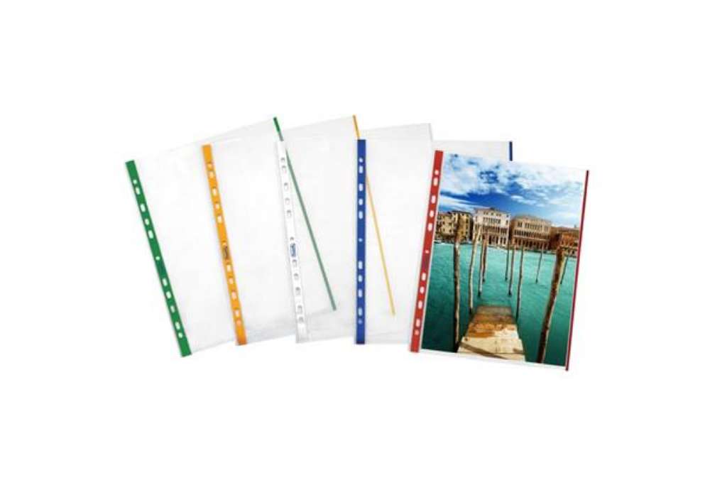 Immagine di Buste a perforazione universale goffrate FAVORIT A4 banda verde - linear conf. 10 pezzi - 100460031