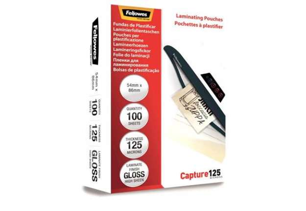 Immagine di Pouches per plastificatrici Fellowes Standard Capture125 finitura lucida - 2x125 µm 54x86 mm Conf. 1