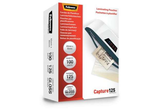 Immagine di Pouches per plastificatrici Fellowes Standard Capture125 finitura lucida - 2x125 µm 65x95 mm Conf. 1