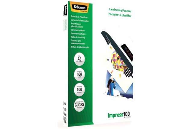 Immagine di Pouches per plastificatrici Fellowes Standard Impress100 finitura lucida - 2x100 µm - A3 - Conf. 100