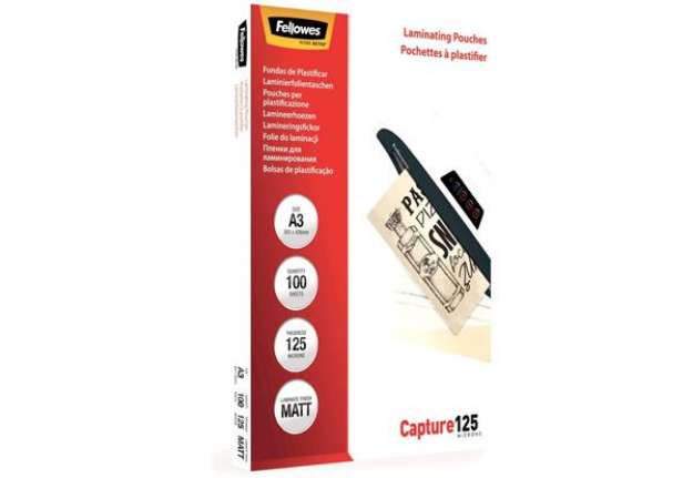 Immagine di Pouches per plastificatrici Fellowes Standard Capture125 finitura opaca - 2x125 µm - A3 - Conf. 100