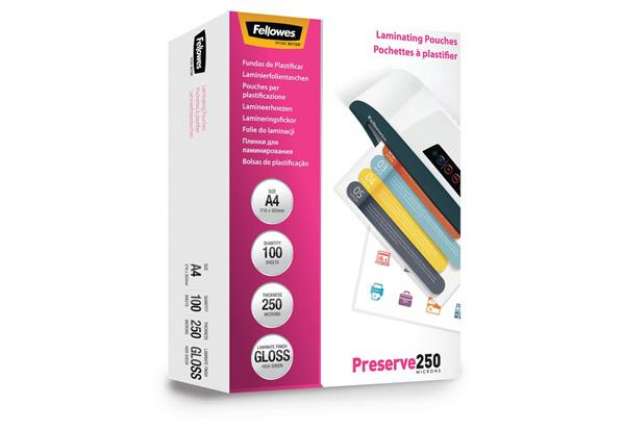 Immagine di Pouches per plastificatrici Fellowes Standard Preserve250 finitura lucida - 2x250 µm - A4 - Conf. 10