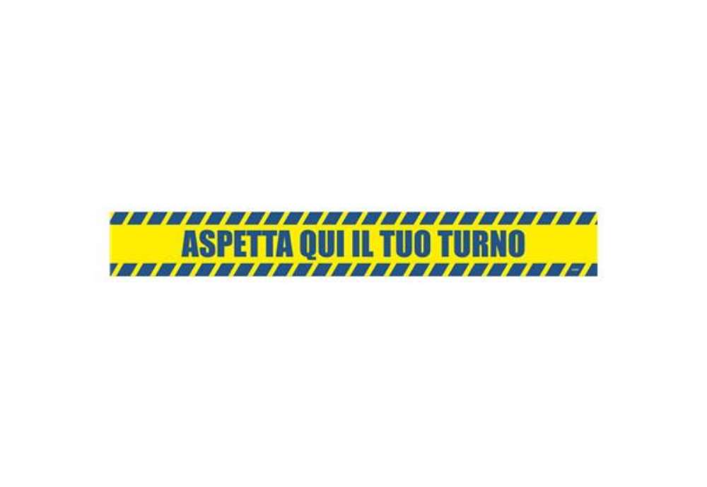Immagine di Adesivo segnaletico calpestabile Markin ''Aspetta qui il tuo turno'' in PVC 98x8,5 cm - Conf. 2 pezz