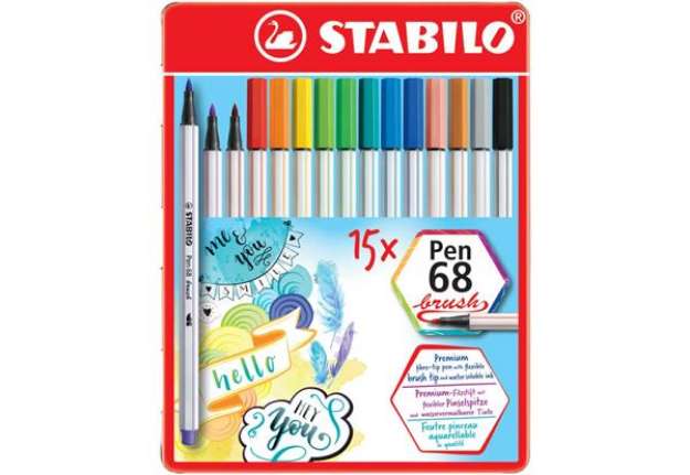 Immagine di Pennarelli Stabilo Pen 68 brush punta a pennello M  1 mm - assortiti scatola in metallo da 15 pz - 5