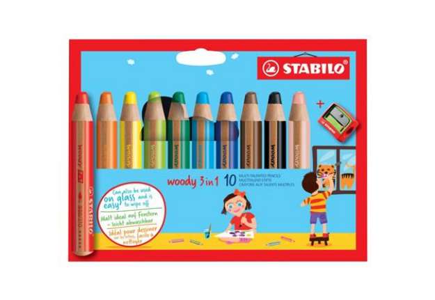 Immagine di Matite colorate Stabilo Woody 3 in 1 punta larga - colori assortiti astuccio di cartone da 10 pz + t