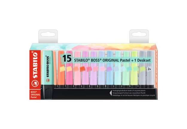 Immagine di Desk set evidenziatori Stabilo Boss Original Pastel - 2-5 mm - assortiti Conf. 15 pezzi - 7015-02-5