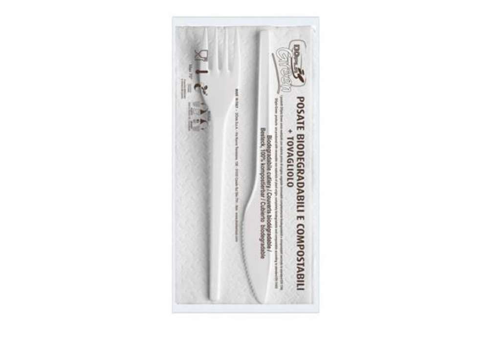 Immagine di Set forchetta + coltello + tovagliolo Dopla Bis ESTABIO - 33x33 cm 2 veli - conf 100 pezzi - 3907