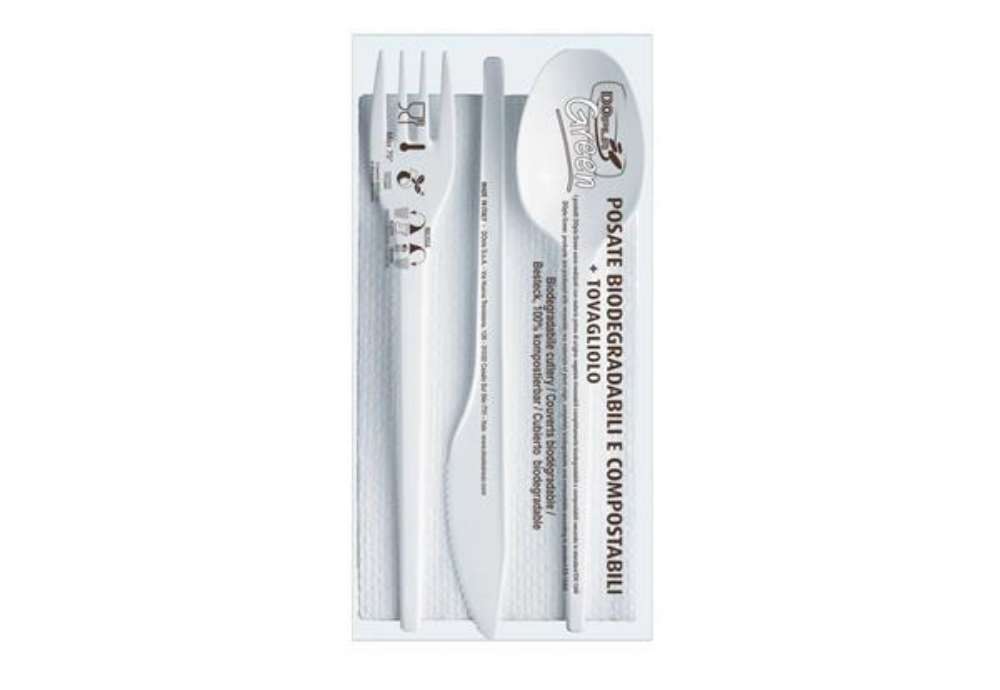Immagine di Set forchetta + coltello + cucchiaio + tovagliolo  Dopla Tris ESTABIO - 33x33 cm 2 veli - conf. 100