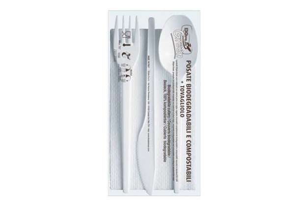 Immagine di Set forchetta + coltello + cucchiaio + tovagliolo  Dopla Tris ESTABIO - 33x33 cm 2 veli - conf. 100