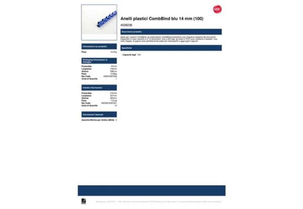 Immagine di Dorsi plastici CombBind a 21 anelli - 14 mm A4 - fino a 125 fogli - conf da 100 dorsi GBC blu - 4028