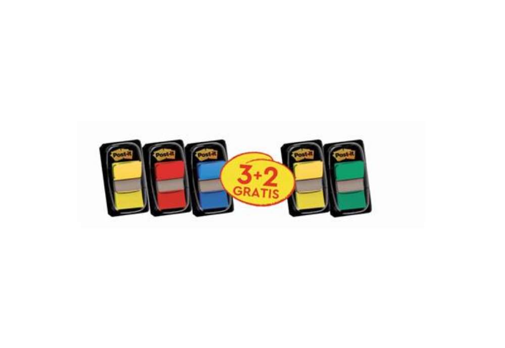 Immagine di Segnapagina Post-it® index 680 con dispenser - 24,5x43,6 mm Value pack 3+2 rosso, verde, giallo, blu
