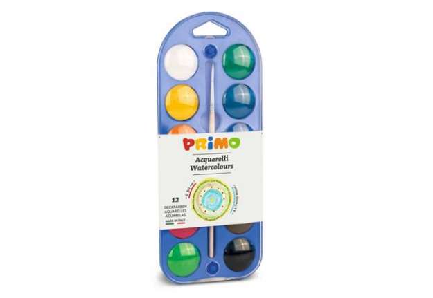 Immagine di Acquerelli Ø 30 mm Primo - scatola da 12+1 pennello - con coperchio tavolozza assortiti - 107A12A