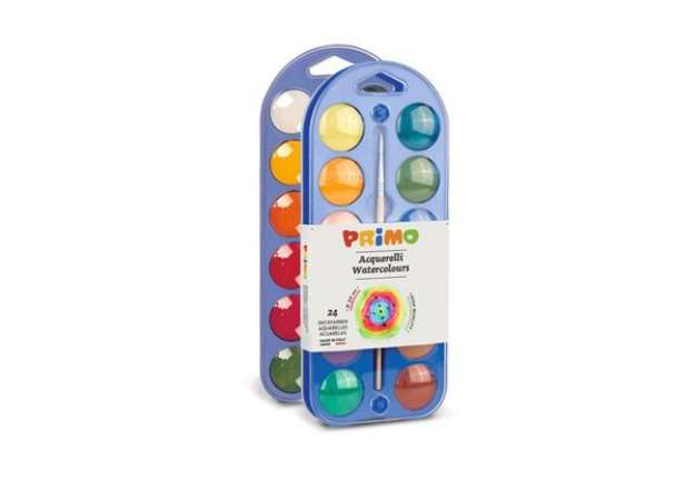 Immagine di Acquerelli Ø 30 mm Primo - scatola da 24+1 pennello - con coperchio tavolozza assortiti - 108A24A