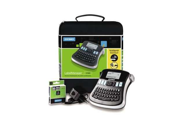 Immagine di Kit case etichettatrice Dymo Label Manager 210D con alimentatore e 1 nastro D1 12mm x 7m nero e arge
