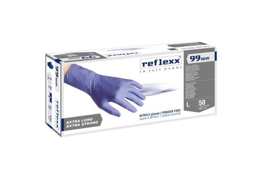 Immagine di Guanti in nitrile ultra resist R99 - manichetta lunga - tg L - indaco - Reflexx - conf. 50 pezzi