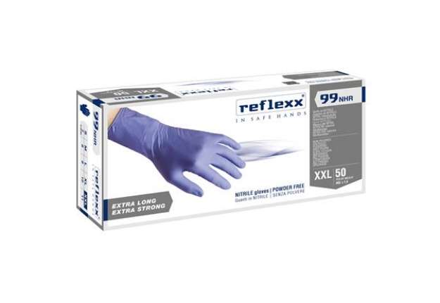 Immagine di Guanti in nitrile ultra resist R99 - manichetta lunga - tg XXL - indaco - Reflexx - conf. 50 pezzi