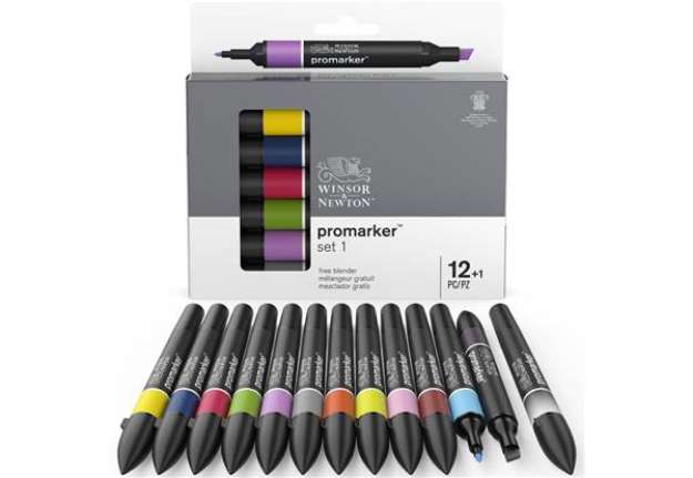 Immagine di Set 12 pennarelli Winsor&Newton Promarker doppia punta fine-larga - colori assortiti + blender - 029