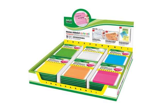 Immagine di Blocchetto notes adesivo - 75 x 75 mm - colori traslucidi assortiti - Lebez - Box 72 blocchetti