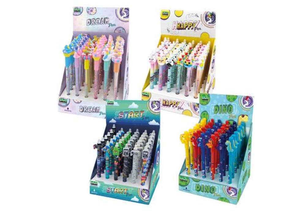 Immagine di Box penne cancellabili - 4 expo da banco - fantasie assortite - Lebez - conf. 144 pezzi