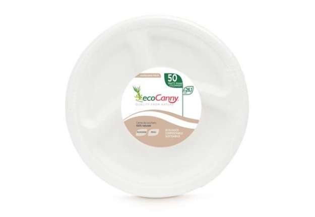 Immagine di Piatti a 3 scomparti bio-compostabili ecoCanny Party bianco Ø261x28 mm conf. 50 pz - ECO-007CA