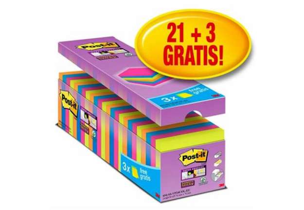 Immagine di Foglietti Post-it® Super Sticky 76x76 mm colori assortiti neon Value Pack 21+3 blocchetti GRATIS - 6
