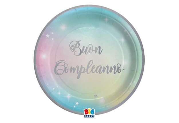 Immagine di Piatto Soft Rainbow - Buon Compleanno - diametro 24 cm - carta - Big Party - conf. 8 pezzi
