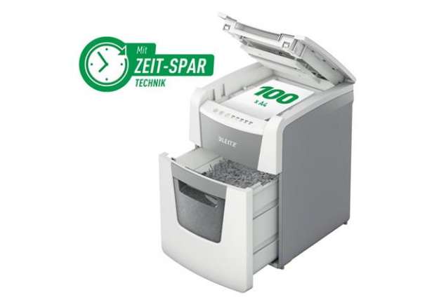Immagine di Distruggidocumenti automatico Leitz IQ P4 Small Office AutoFeed 100 ff - 34 L - bianco - 80110000