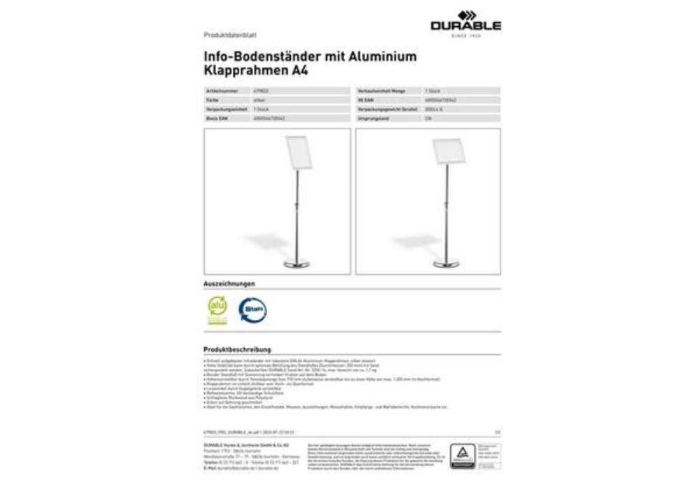Immagine di Espositore da pavimento Durable con cornice a scatto in alluminio formato A4 4798-23