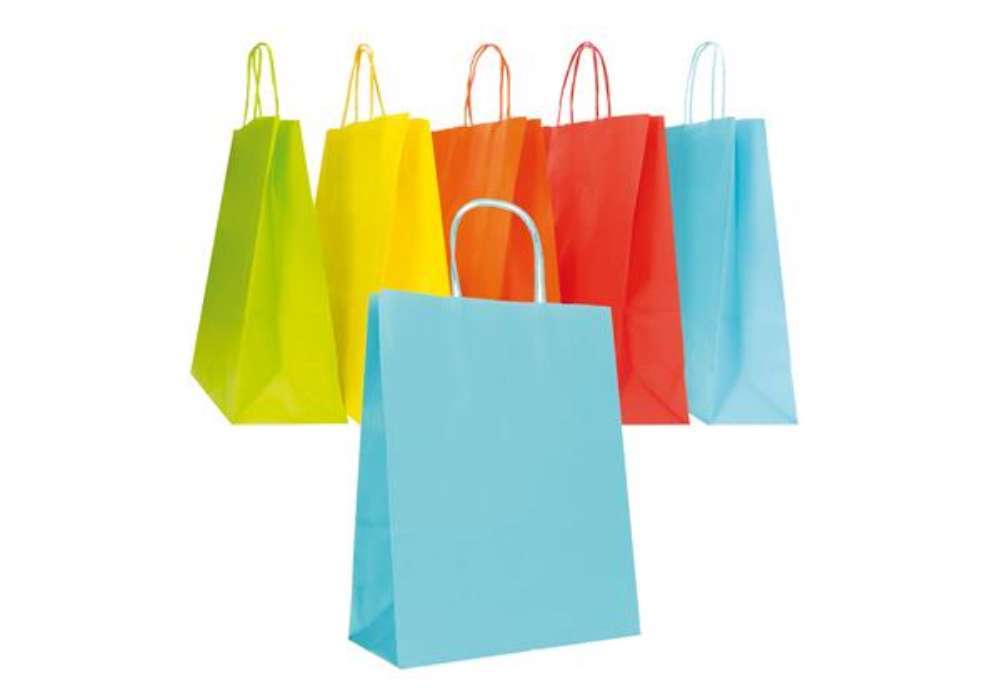 Immagine di Shopper Twisted - maniglie cordino - 45 x 15 x 50 cm - carta biokraft - colori assortiti primavera/e