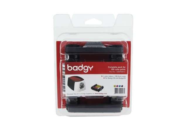 Immagine di Kit di stampa per badge Evolis Badgy con 100 schede in Pvc da 0,76 cm - nastro multicolore - CBGP000