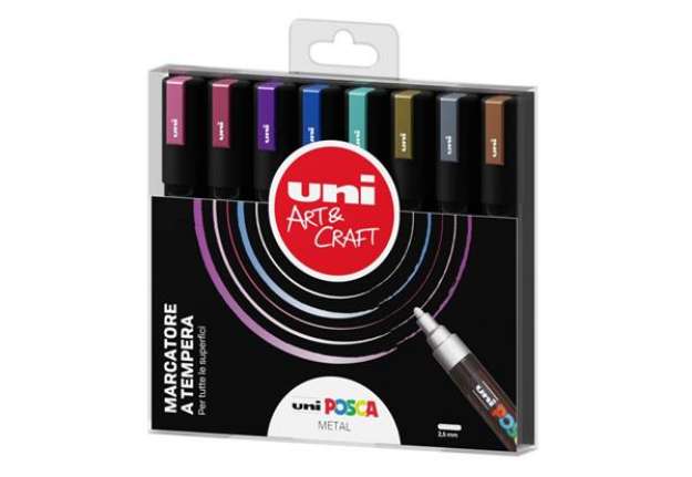 Immagine di Marcatore Uni Posca punta media 8 colori metal assortiti M PC5MM 8P