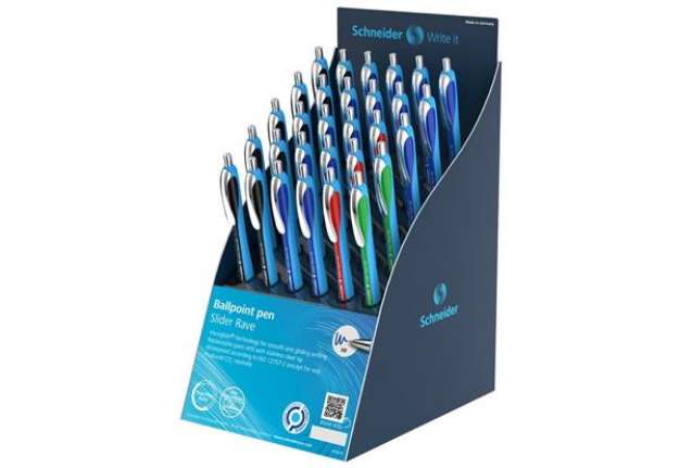 Immagine di Espositore 30 penne a sfera a scatto ricaricabili Schneider Slider Rave tratto XB - 4 colori assorti