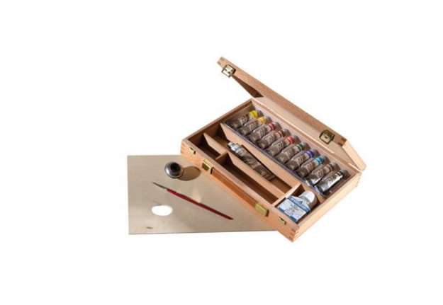 Immagine di Cassetta in legno Maimeri 20x30 cm - conf. da 10 colori acrilici assortiti + accessori - M1299068