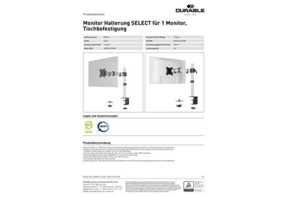 Immagine di Braccio porta 1 monitor da tavolo Durable Select grigio 429x448x100 mm 5094-23