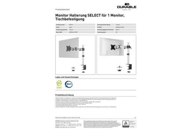Immagine di Braccio porta 1 monitor da tavolo Durable Select grigio 429x448x100 mm 5094-23