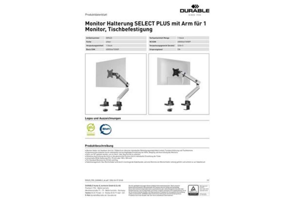 Immagine di Braccio porta 1 monitor da tavolo Durable Select Plus con braccio estensibile 530x450x108 mm - 5096-