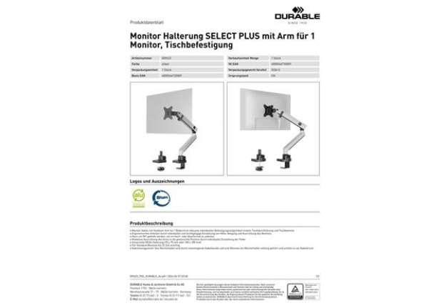 Immagine di Braccio porta 1 monitor da tavolo Durable Select Plus con braccio estensibile 530x450x108 mm - 5096-