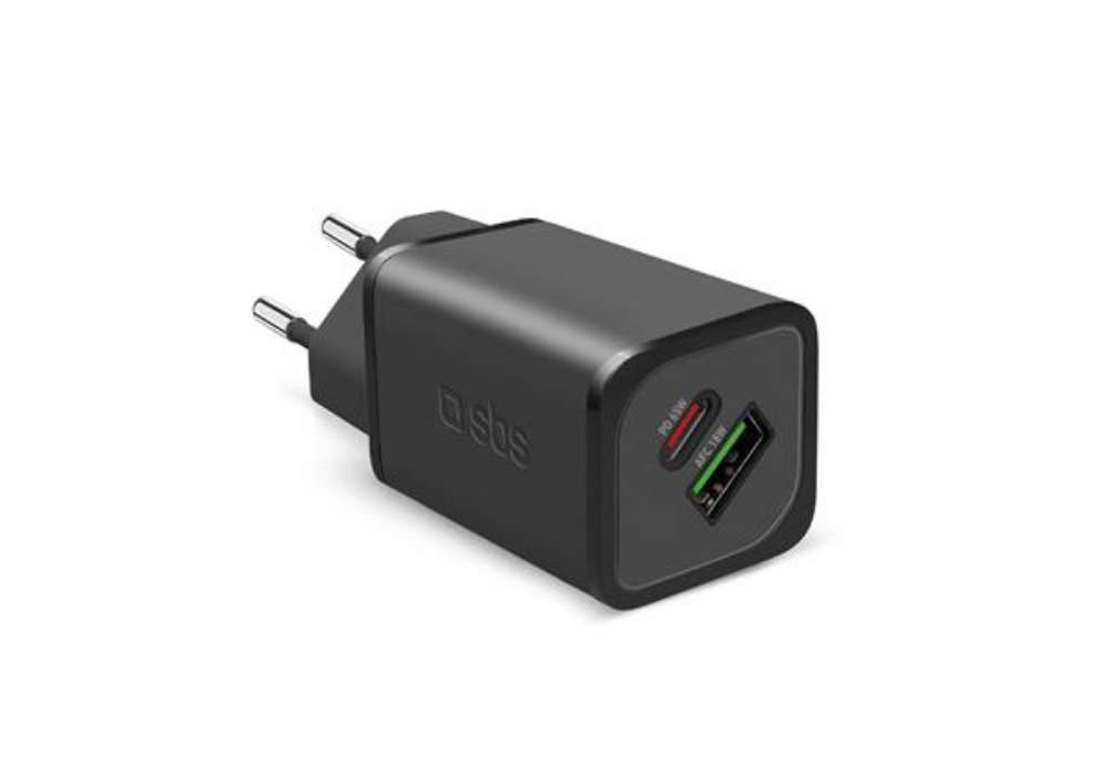 Immagine di Caricatore da parete SBS GaN 65W 1xType C PD 65W+ 1xUSB AFC 18W  - GaN. Split 45W +18W - nero - TETR