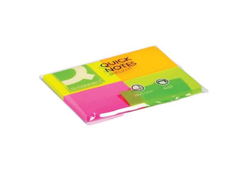 Immagine di Foglietti riposizionabili Q-Connect 70 g/m² assortiti neon 38x51 mm 4 blocchetti da 50 ff - KF10510