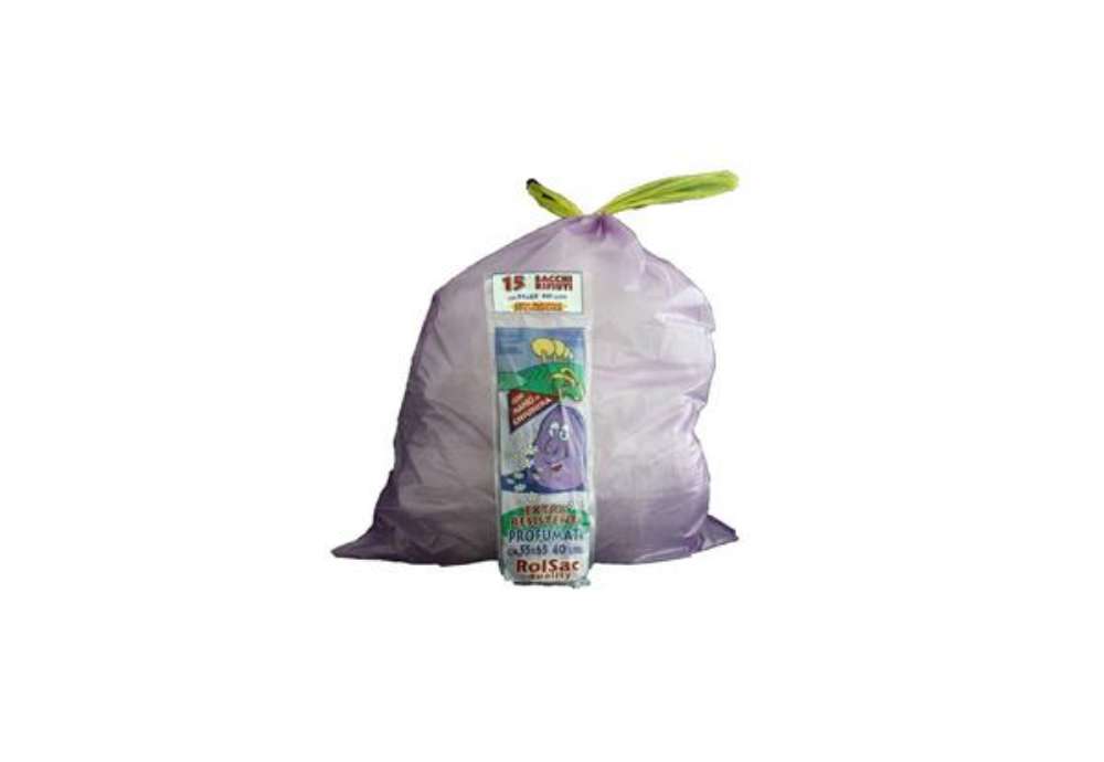 Immagine di Sacchi immondizia profumati per rifiuti inorganici Rolsac 44 L 55x65 cm - 18 µm viola - rotolo da 15