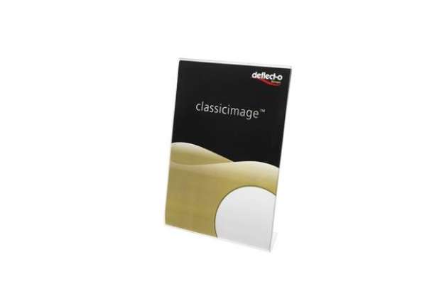 Immagine di Porta-avvisi deflecto® A5 verticale in polistirene con base a L trasparente 47501